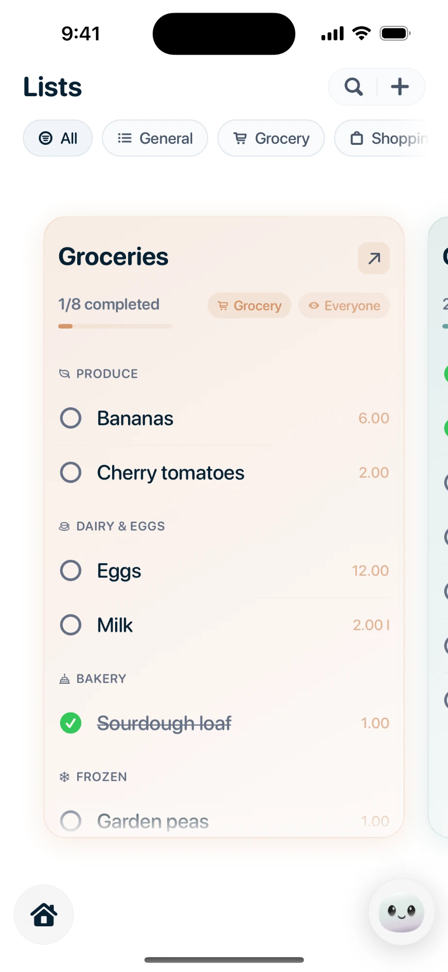 The Nuka Lists screen. A Groceries card reads 1 of 8 completed and is
                      tagged Grocery and Everyone, with its items grouped into aisles: Produce
                      holds bananas and cherry tomatoes, Dairy & Eggs holds a dozen eggs and
                      two litres of milk, Bakery holds a sourdough loaf already ticked off, and
                      Frozen holds garden peas.